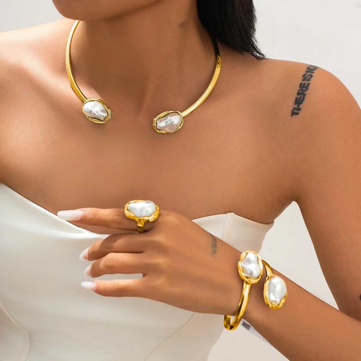 Salircon elegante luxo imitação de pérola colar pulseiras anel para mulheres tendência abertura gargantilha noiva conjunto de jóias de casamento