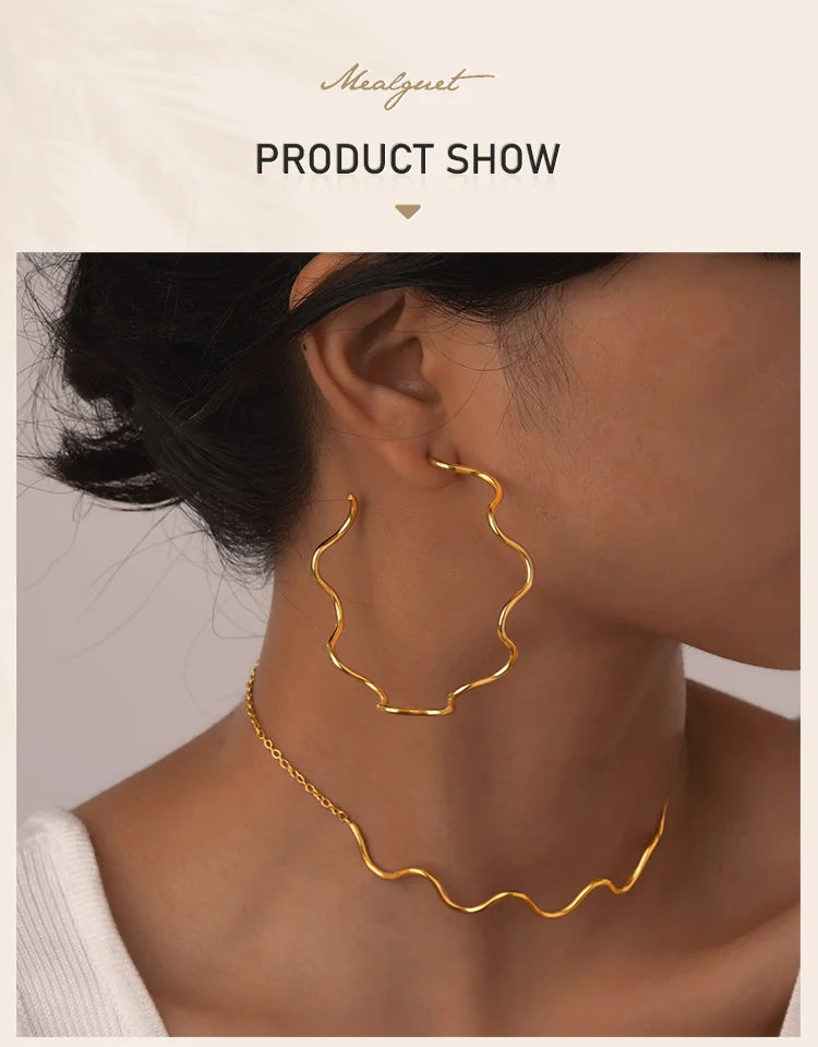 Brincos de argola aberta em aço inoxidável para mulheres, joias minimalistas, brincos grandes banhados a ouro, forma de onda, aros grandes, 18K