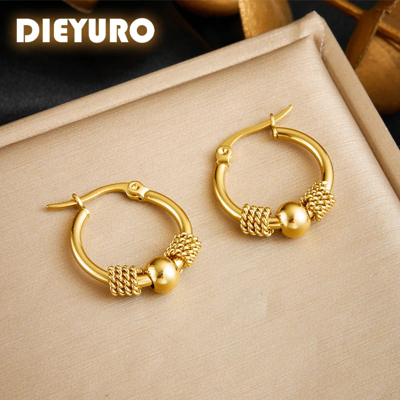 Dieyuro 316l aço inoxidável dourado oco tecido forma circular brincos para moda feminina 2024 nova orelha jóias senhora presente festa