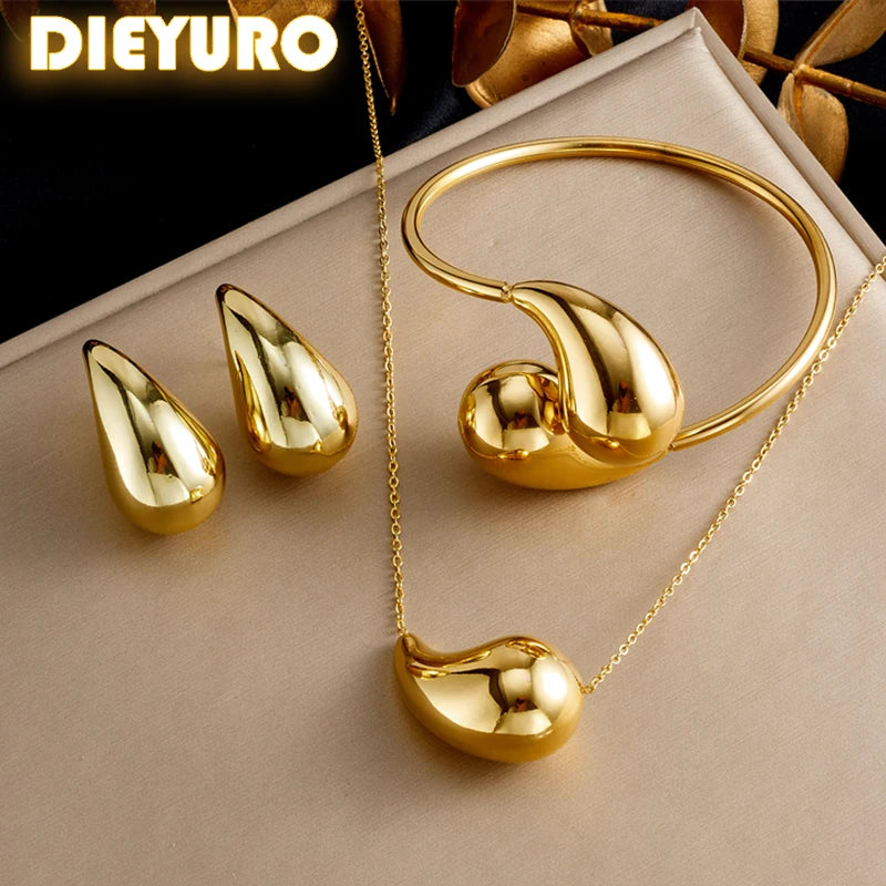 Dieyuro 316l aço inoxidável gota dourada forma colar pulseira brincos terno feminino 2024 nova tendência não-desvanecimento conjunto de jóias