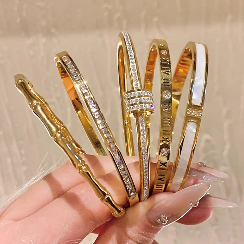 Aço inoxidável banhado a ouro luxo artesanal cristal acessório feminino envoltório pulseira jóias não manchado