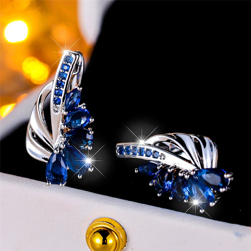 Luxo feminino azul verde clipe brincos charme cor de ouro na moda zircão pedra jóias de casamento para mulher