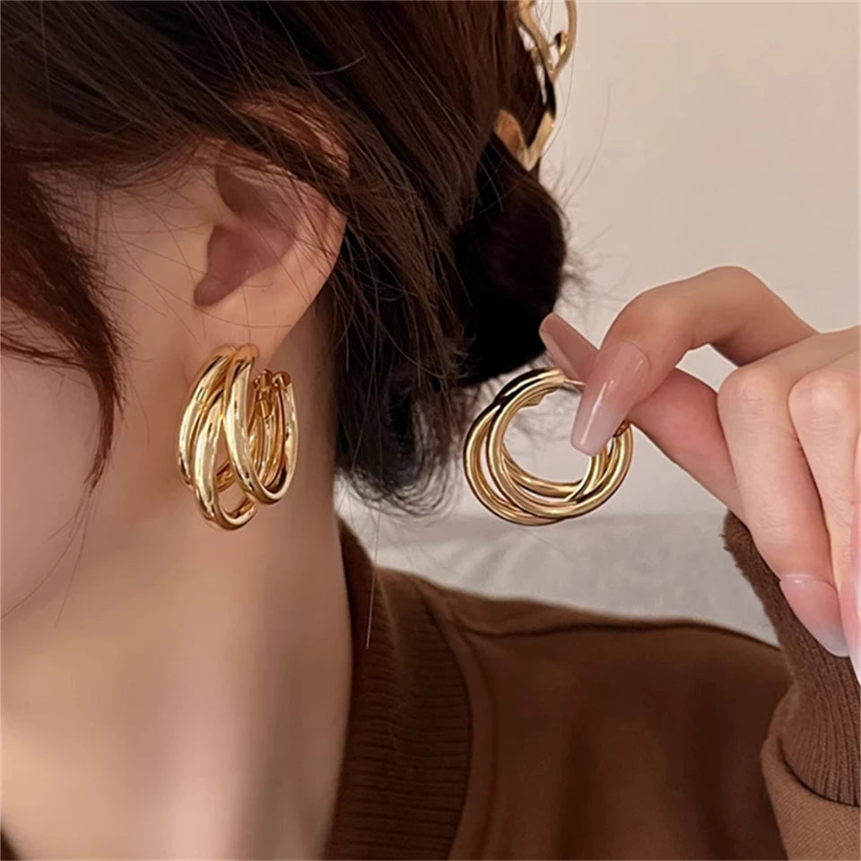 RAKOL Ouro Prata Cor Hoop Brincos Para As Mulheres Coreano Moda Três camadas Hoops Big Thick Round Earrings Piercing Jóias Presentes