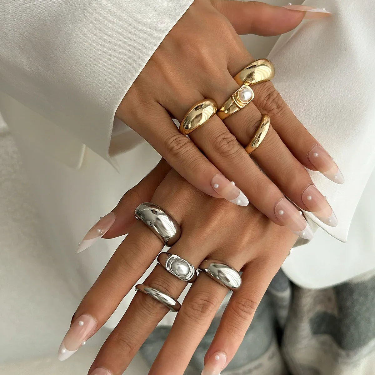 DIEZI Um Conjunto Hip Hop Moda Imitação de Pérola Anéis Abertos Para Mulheres Homens Meninas Punk Ouro Prata Cor Metal Knuckle Joint Ring