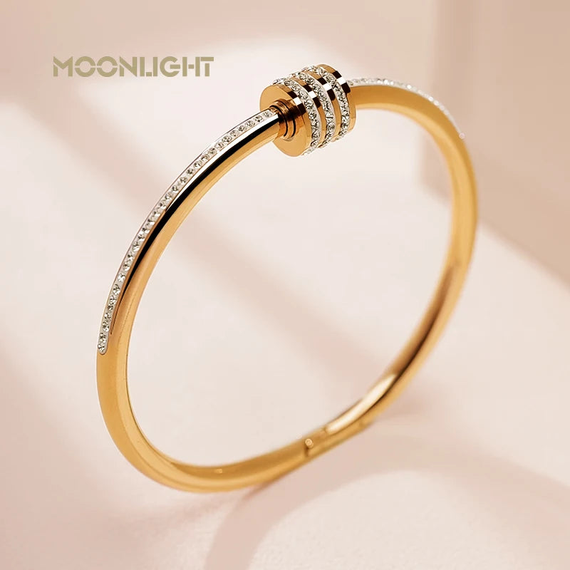 Moonlight clássico aço inoxidável zircão pulseira para mulheres parafuso circular pulseira feminina jóias presentes acessórios de moda