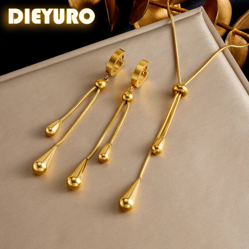 Dieyuro 316l aço inoxidável ajustável gota de água borlas colar brincos feminino novo conjunto de jóias de moda dourada presentes de festa