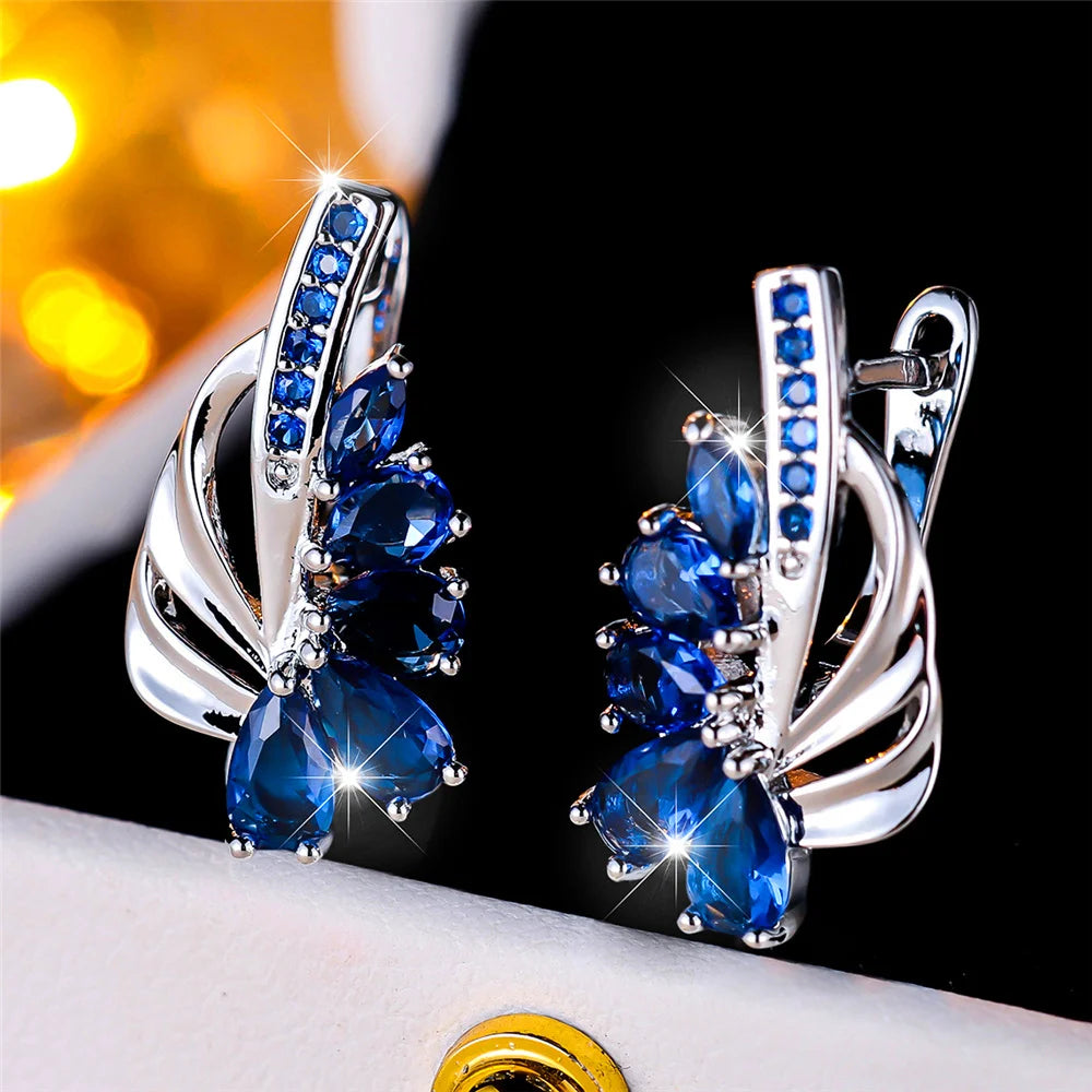 Luxo feminino azul verde clipe brincos charme cor de ouro na moda zircão pedra jóias de casamento para mulher