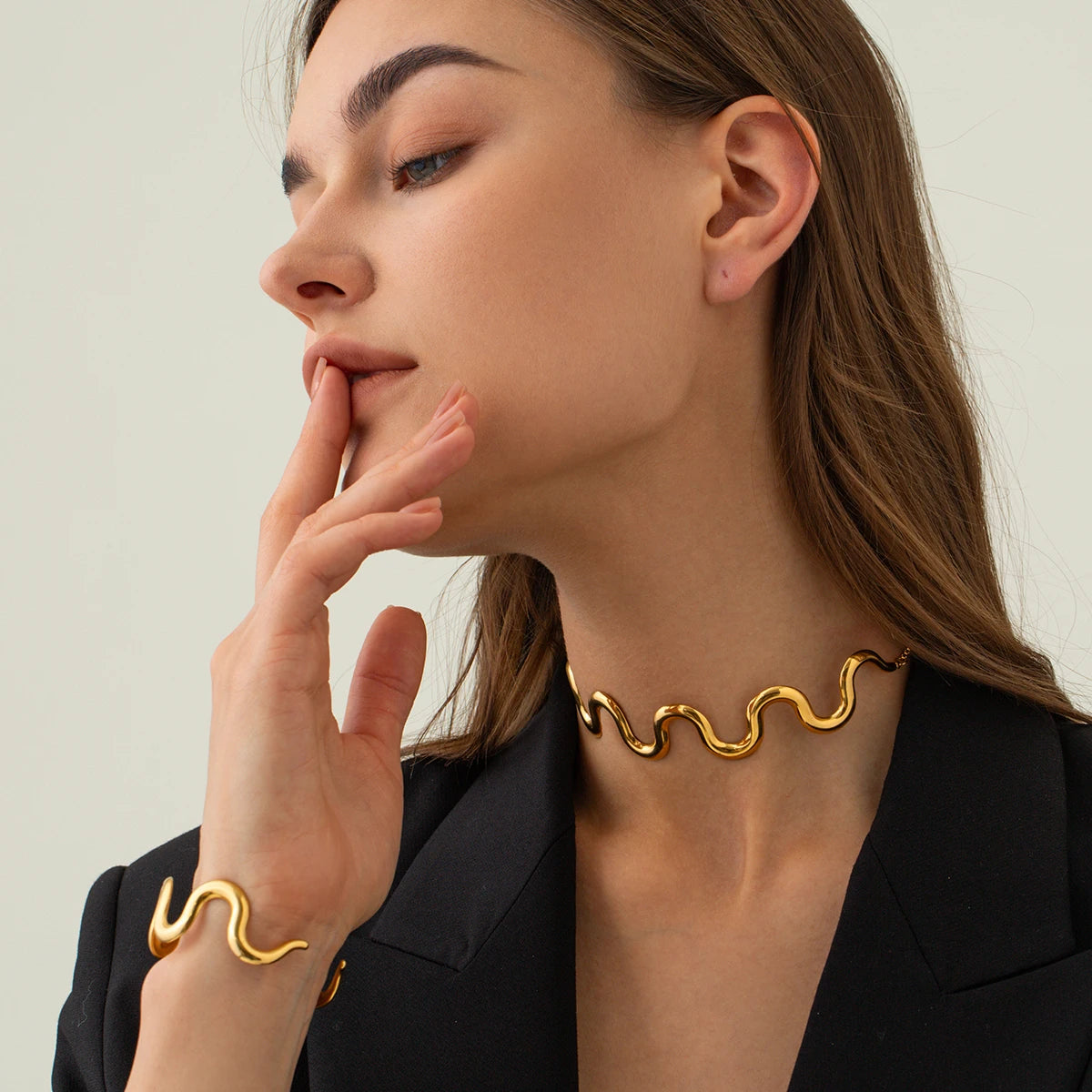 Moda aço inoxidável onda aberta pulseira/colar com cordão conjunto moda 18k banhado a ouro jóias de declaração para presente feminino