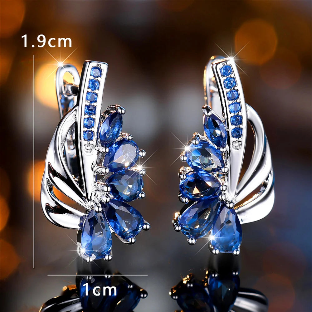 Luxo feminino azul verde clipe brincos charme cor de ouro na moda zircão pedra jóias de casamento para mulher