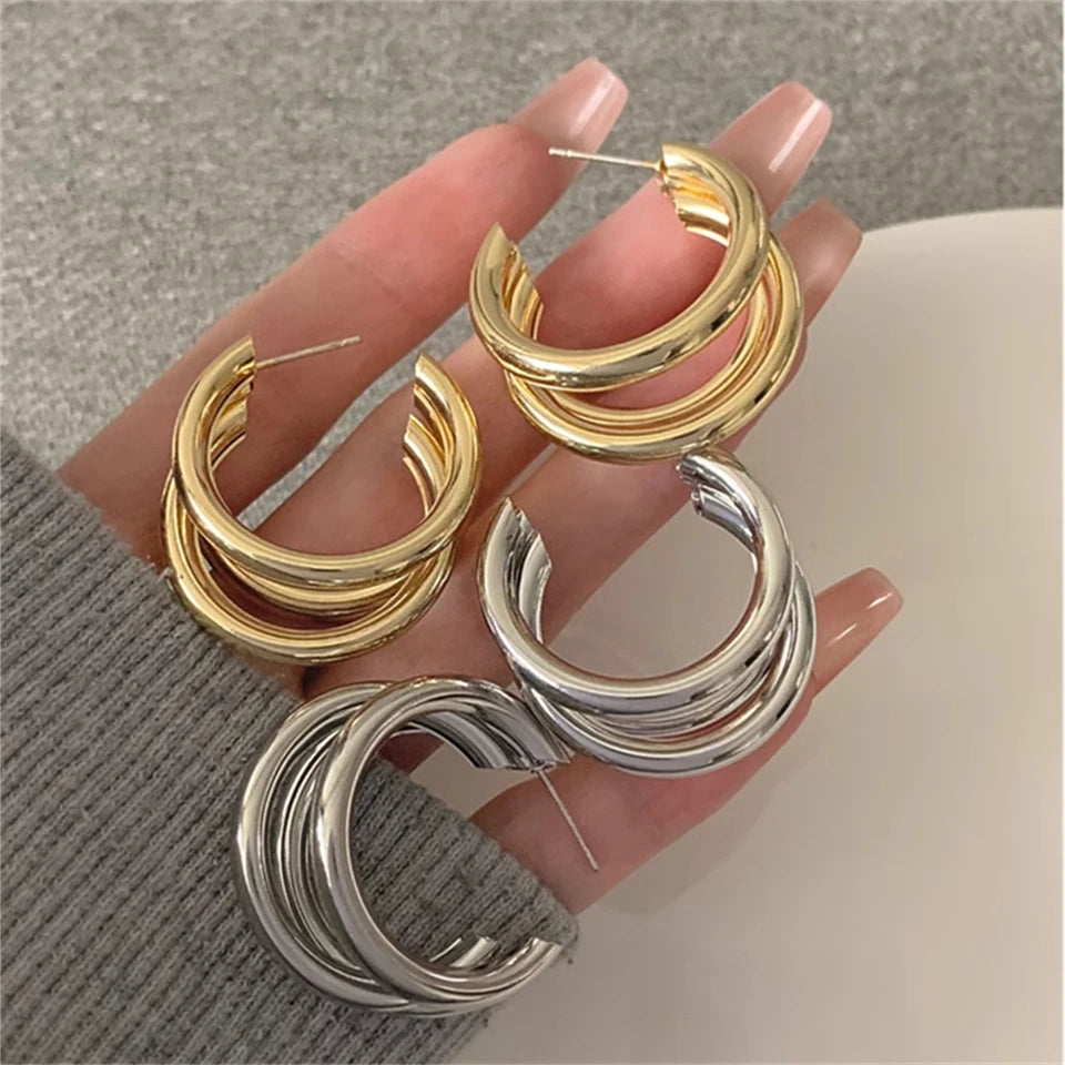 RAKOL Ouro Prata Cor Hoop Brincos Para As Mulheres Coreano Moda Três camadas Hoops Big Thick Round Earrings Piercing Jóias Presentes