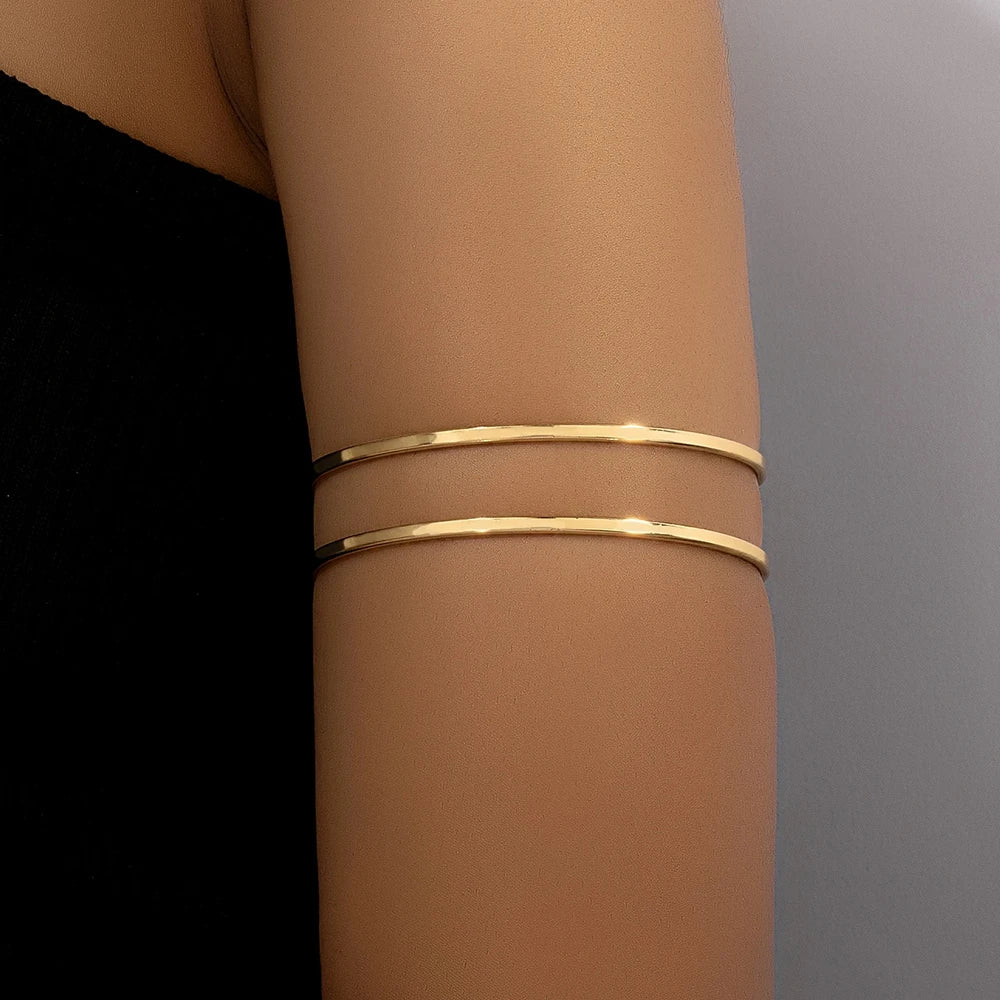 Vintage simples ajustável braço superior manguito pulseira brilhante banhado a ouro metal armlet para mulheres minimalista aberto braçadeira corpo jóias