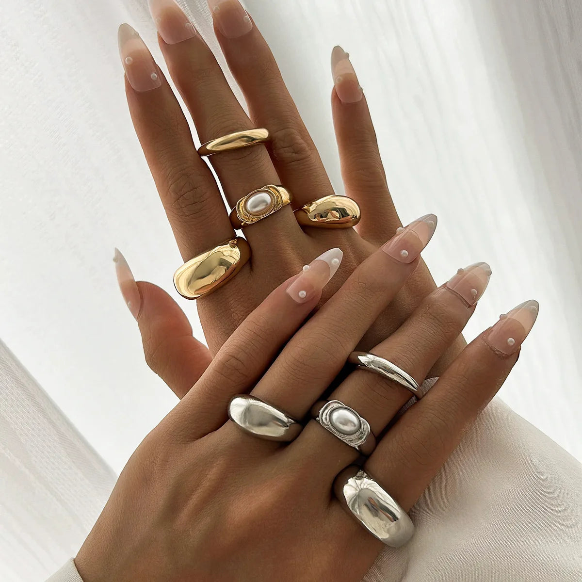 DIEZI Um Conjunto Hip Hop Moda Imitação de Pérola Anéis Abertos Para Mulheres Homens Meninas Punk Ouro Prata Cor Metal Knuckle Joint Ring