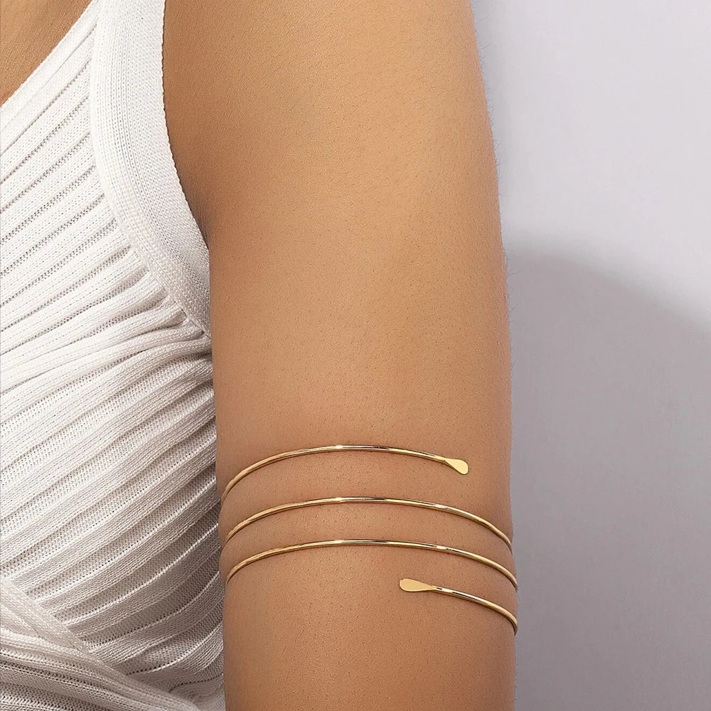 Vintage simples ajustável braço superior manguito pulseira brilhante banhado a ouro metal armlet para mulheres minimalista aberto braçadeira corpo jóias