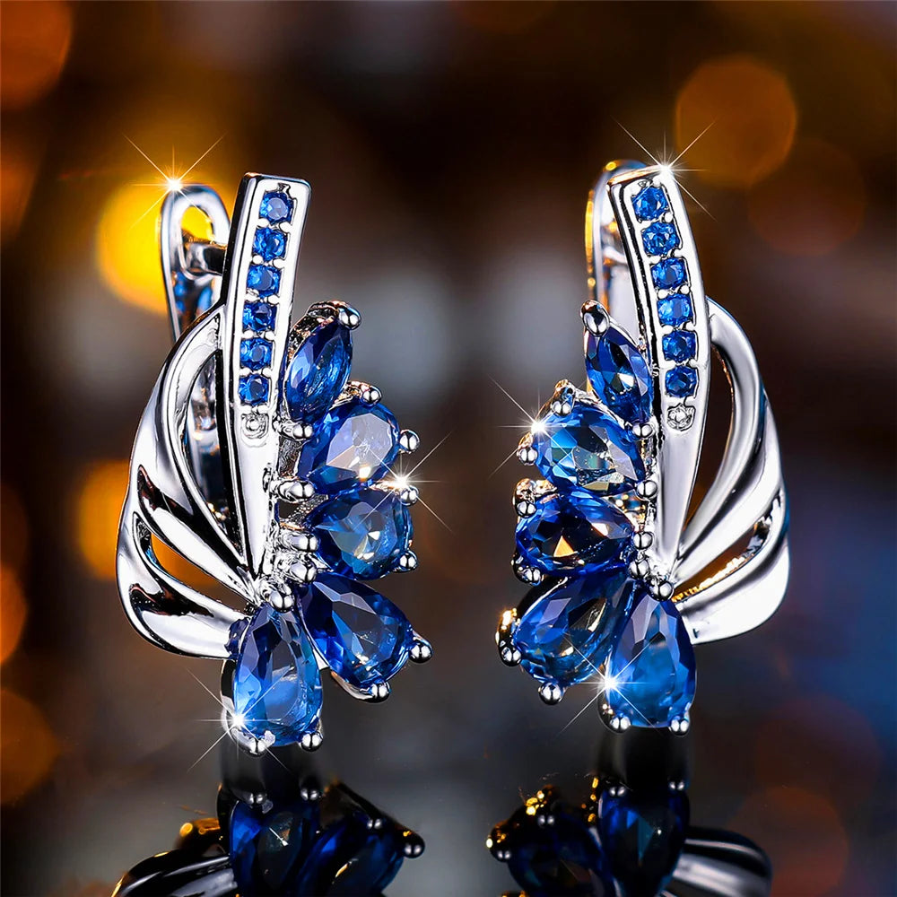 Luxo feminino azul verde clipe brincos charme cor de ouro na moda zircão pedra jóias de casamento para mulher