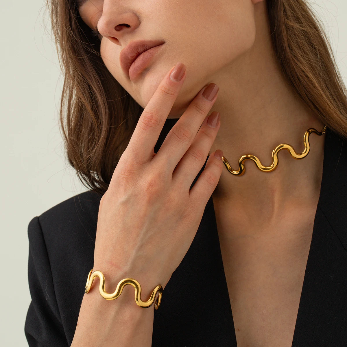 Moda aço inoxidável onda aberta pulseira/colar com cordão conjunto moda 18k banhado a ouro jóias de declaração para presente feminino