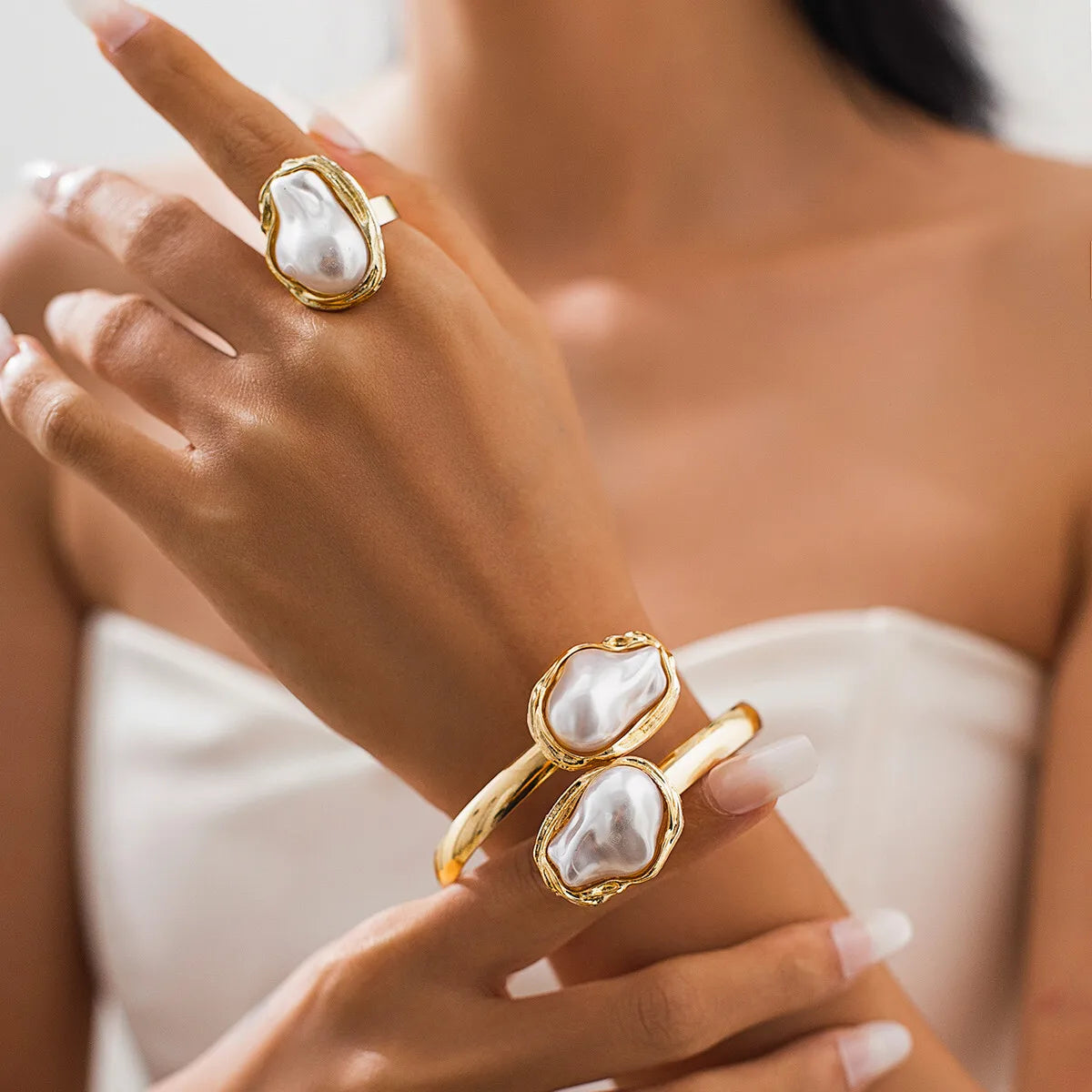 Salircon elegante luxo imitação de pérola colar pulseiras anel para mulheres tendência abertura gargantilha noiva conjunto de jóias de casamento