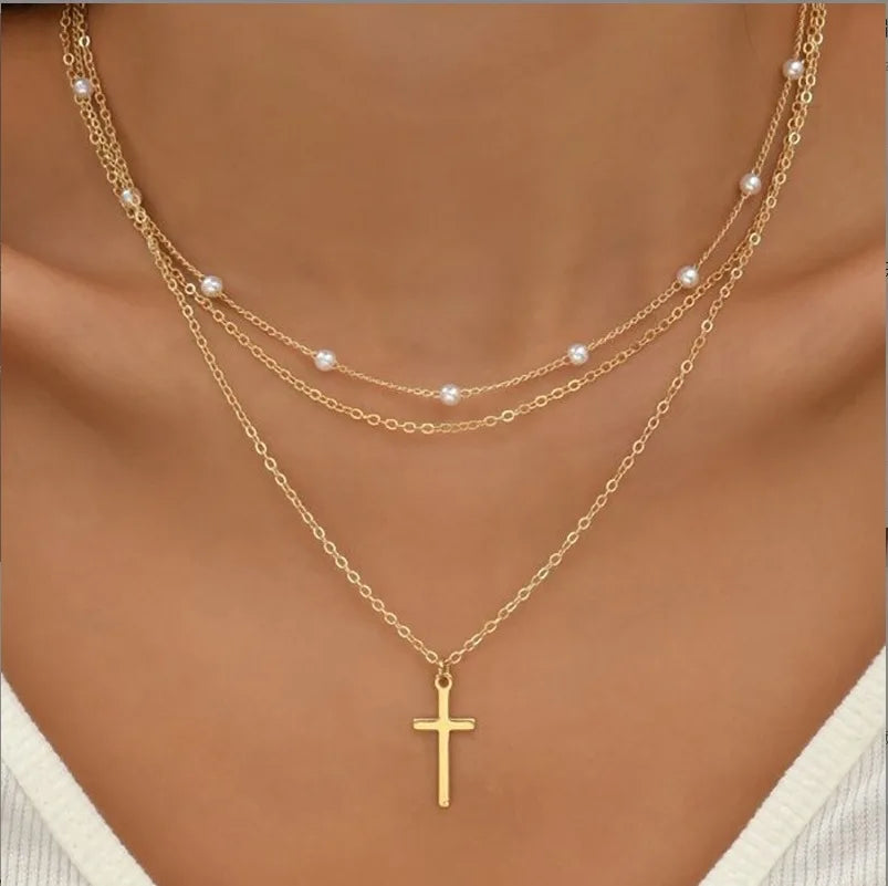 Ftcy conjunto de colar de pérolas feminino, 3 peças, ouro 14k, moda amor, coração, pingente, à prova d'água, hipoalergênico, clavícula, pescoço, corrente, joias